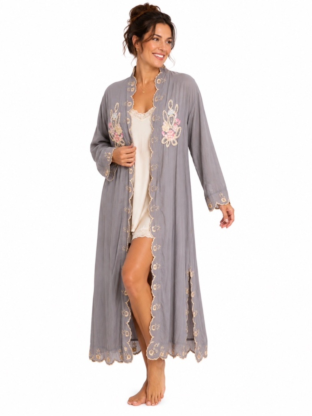 April Cornell Moriah Embroidered Cotton Duster Cover Up Smoke Gray NWT Large